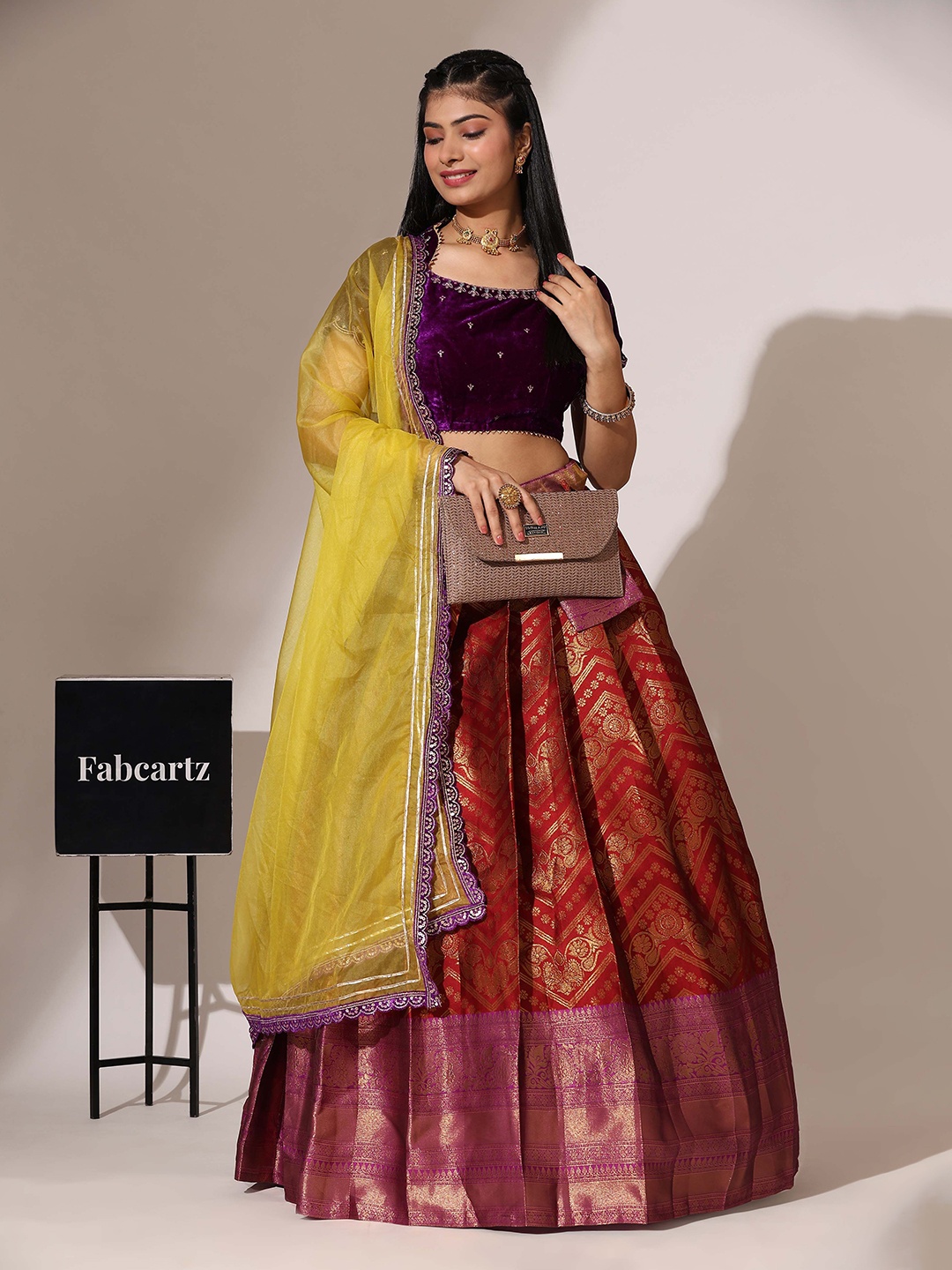 

Fabcartz Embroidered Sequinned Semi-Stitched Lehenga & Unstitched Blouse With Dupatta, Maroon