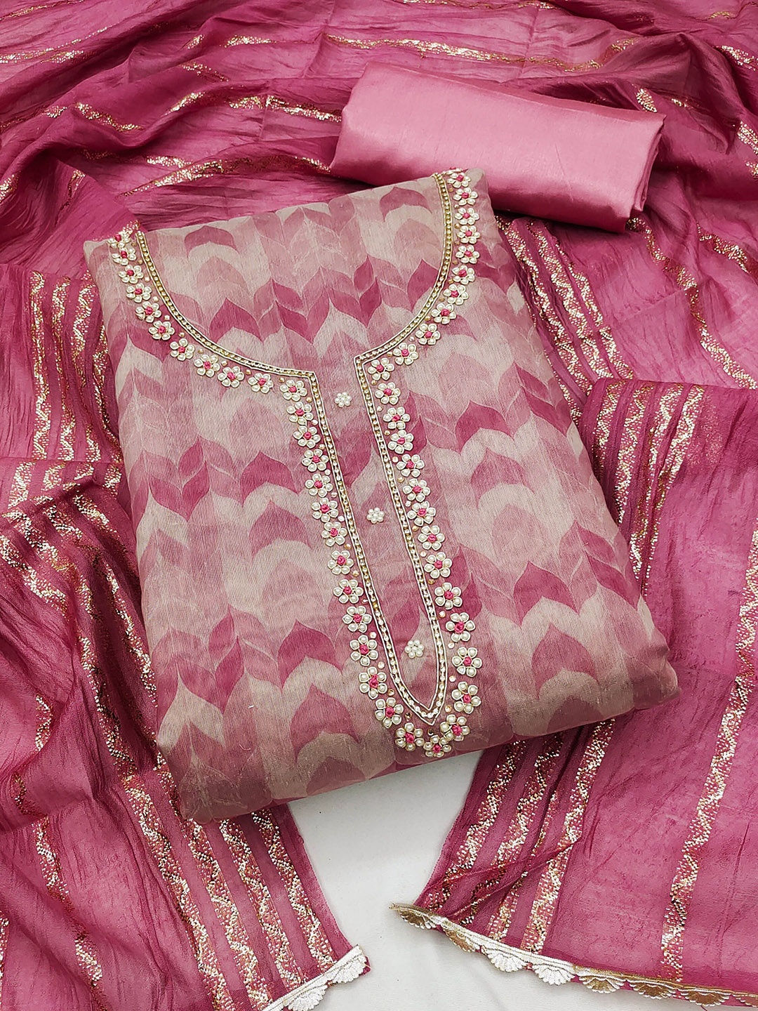 

Ishin Floral Printed Beads and Stones Unstitched Dress Material, Pink