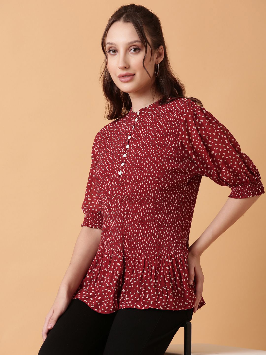 

SHOWOFF Polka Dot Print Puff Sleeve Crepe Top, Red