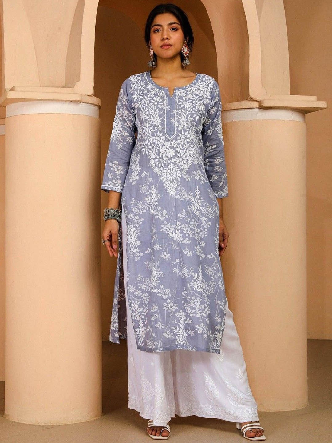 

Anni Designer Floral Embroidered Notch Neck Chikankari Straight Kurta, Grey