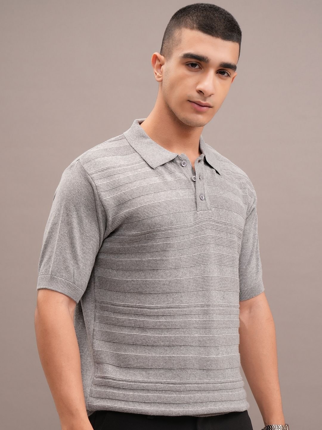 

HIGHLANDER Men Self Design Polo Collar Cotton Relaxed Fit T-shirt, Grey