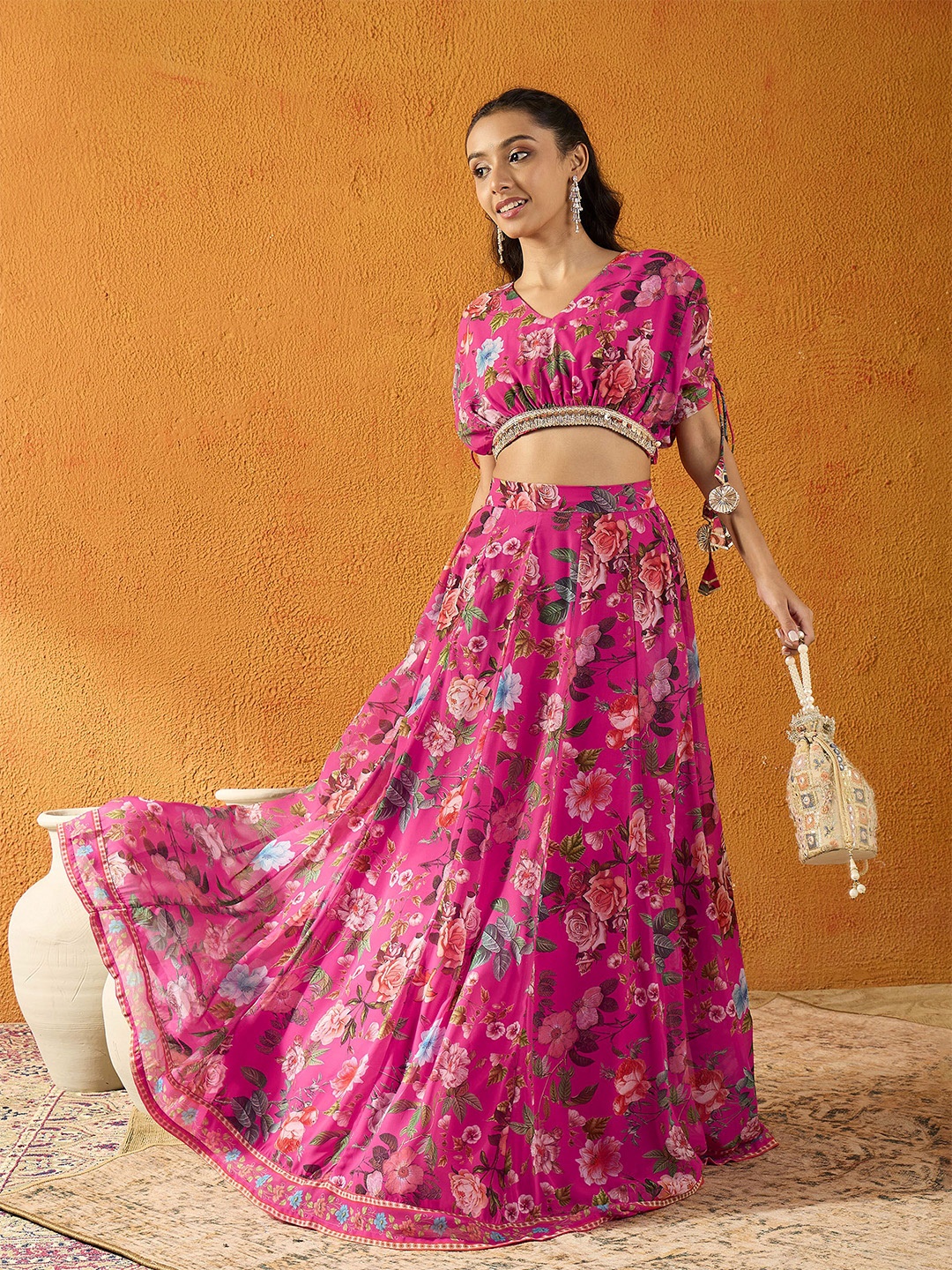 

Noh.Voh - SASSAFRAS Kids Girls Printed Sequinned Ready to Wear Lehenga & Choli, Fuchsia