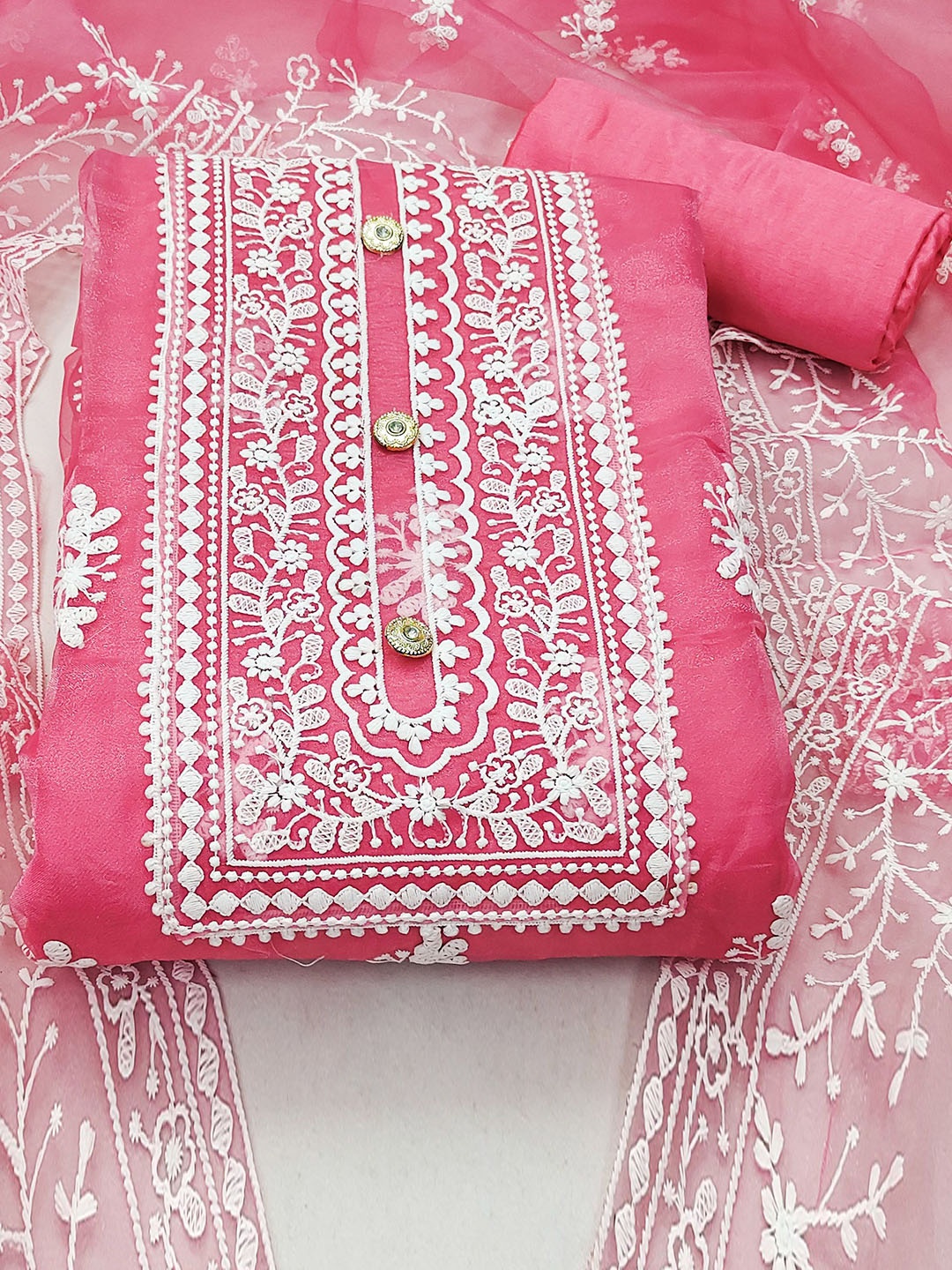 

Ishin Ethnic Motifs Embroidered Thread Work Organza Unstitched Dress Material, Pink