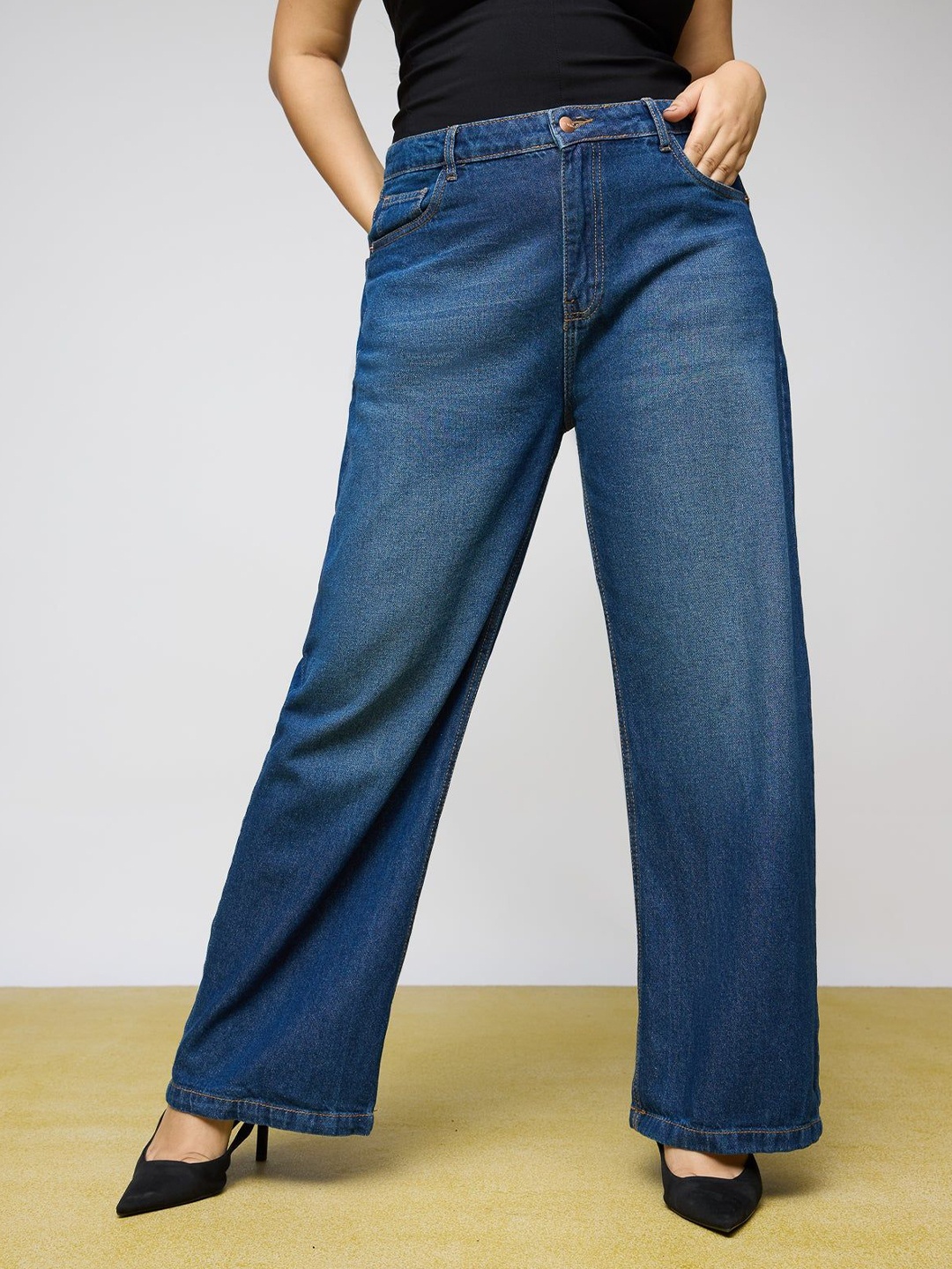 

FREAKINS Women Wide Leg High-Rise Cotton Light Fade Jeans, Blue