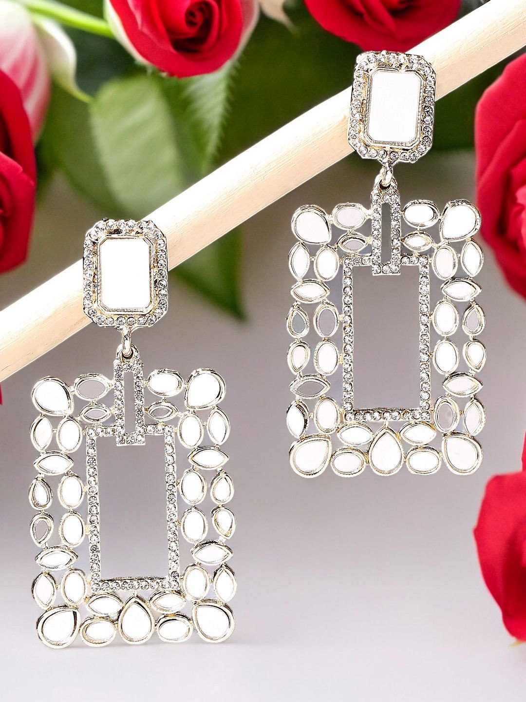 

Anouk Gold-Toned Mirror Kundan Studded Rectangle Drop Earrings