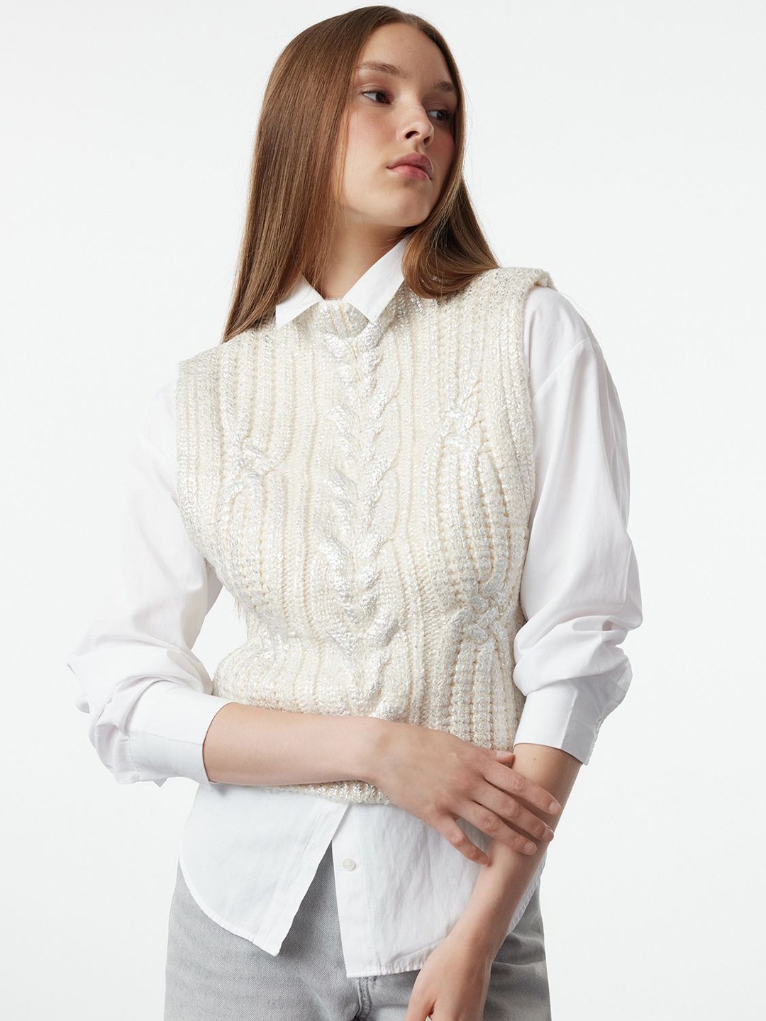 

Trendyol Women Cable Knit Sweater Vest, Cream