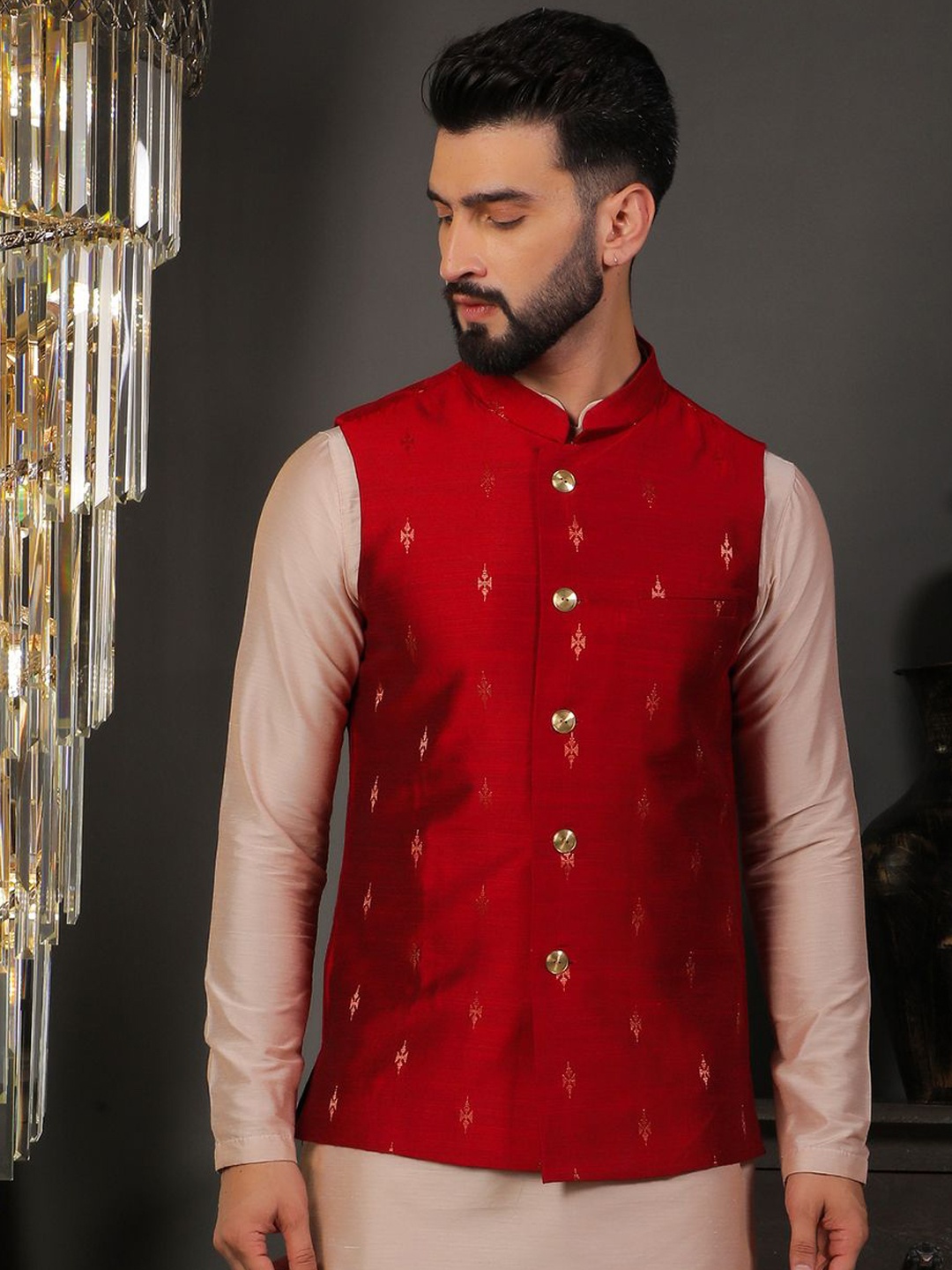 

DEYANN Men Printed Mandarin Collar Nehru Jacket, Red