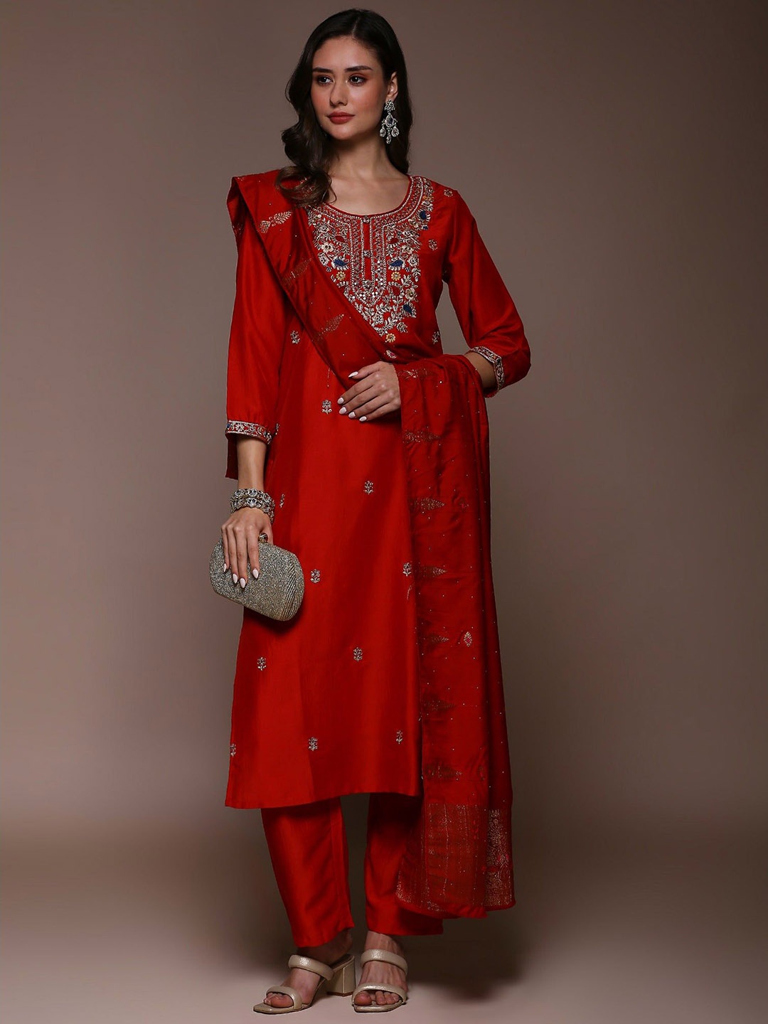 

Peachmode Floral Embroidered Round Neck Sequinned Straight Kurta With Trousers & Dupatta, Red