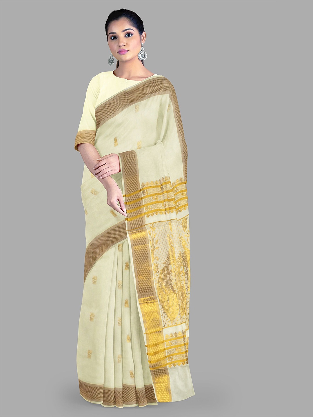 

The Chennai Silks Ethnic Motifs Zari Pure Cotton Kasavu Saree, Off white