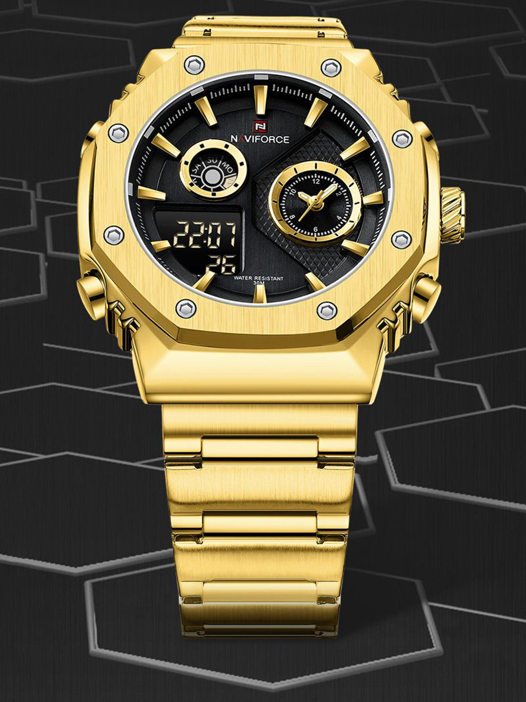 

Naviforce Men Brass Dial & Stainless Steel Straps Analogue and Digital Multi Function Watch NF9216S GB, Gold