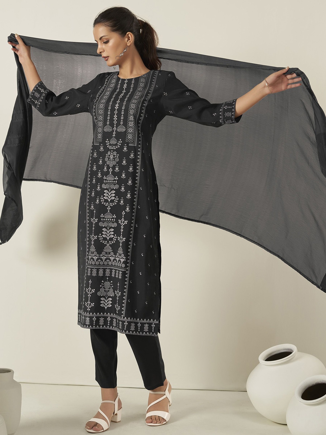 

Anouk Black Tribal Printed Chanderi Silk Straight Kurta with Trousers & Dupatta