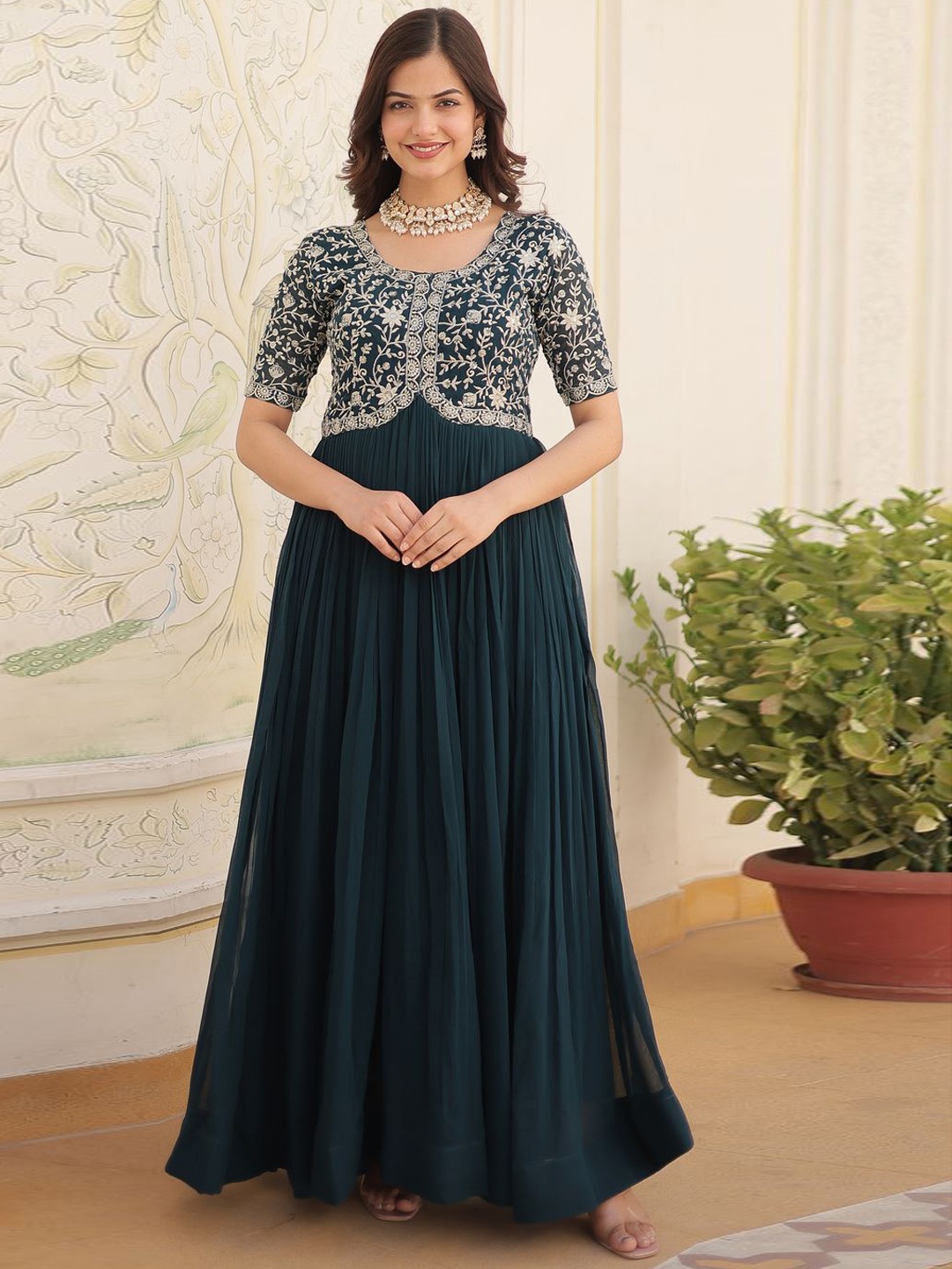 

KALINI Floral Embroidered Maxi Georgette Fit and Flare Ethnic Dress, Turquoise blue