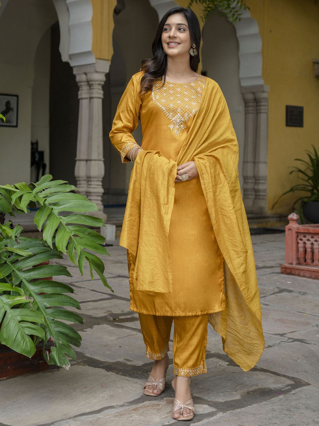 

VredeVogel Ethnic Motifs Yoke Design Straight Kurta with Trousers & With Dupatta, Mustard