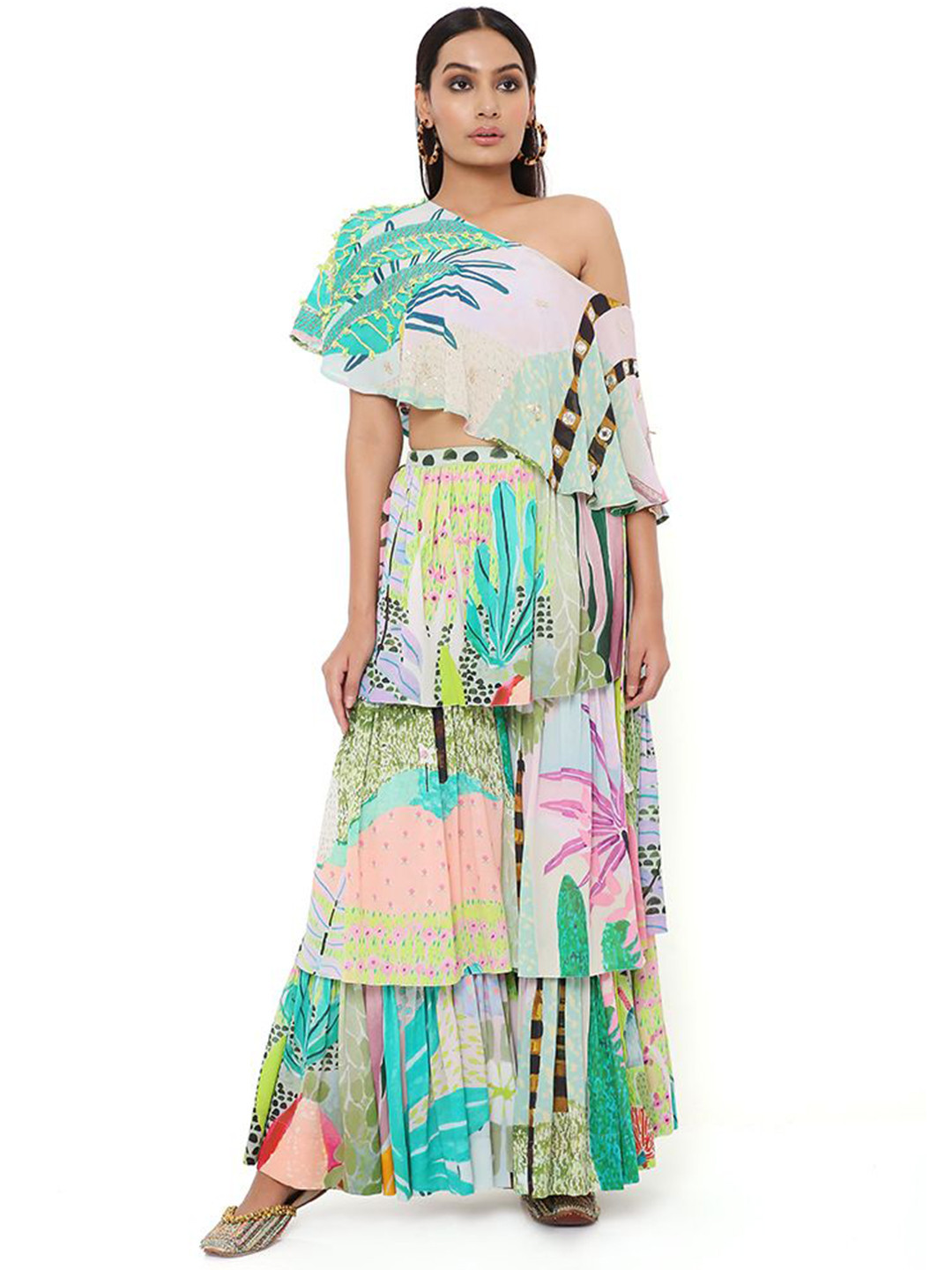 

Payal Singhal Embroidered Cape Top With Sharara Co-Ords, Green