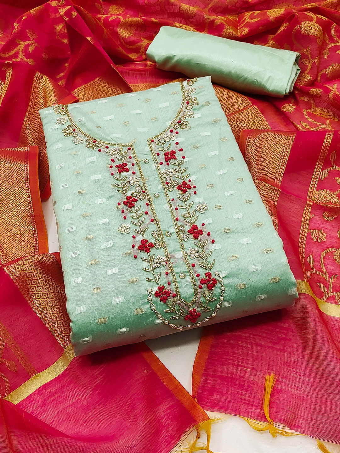 

Ishin Floral Embroidered Beads and Stones Unstitched Dress Material, Green