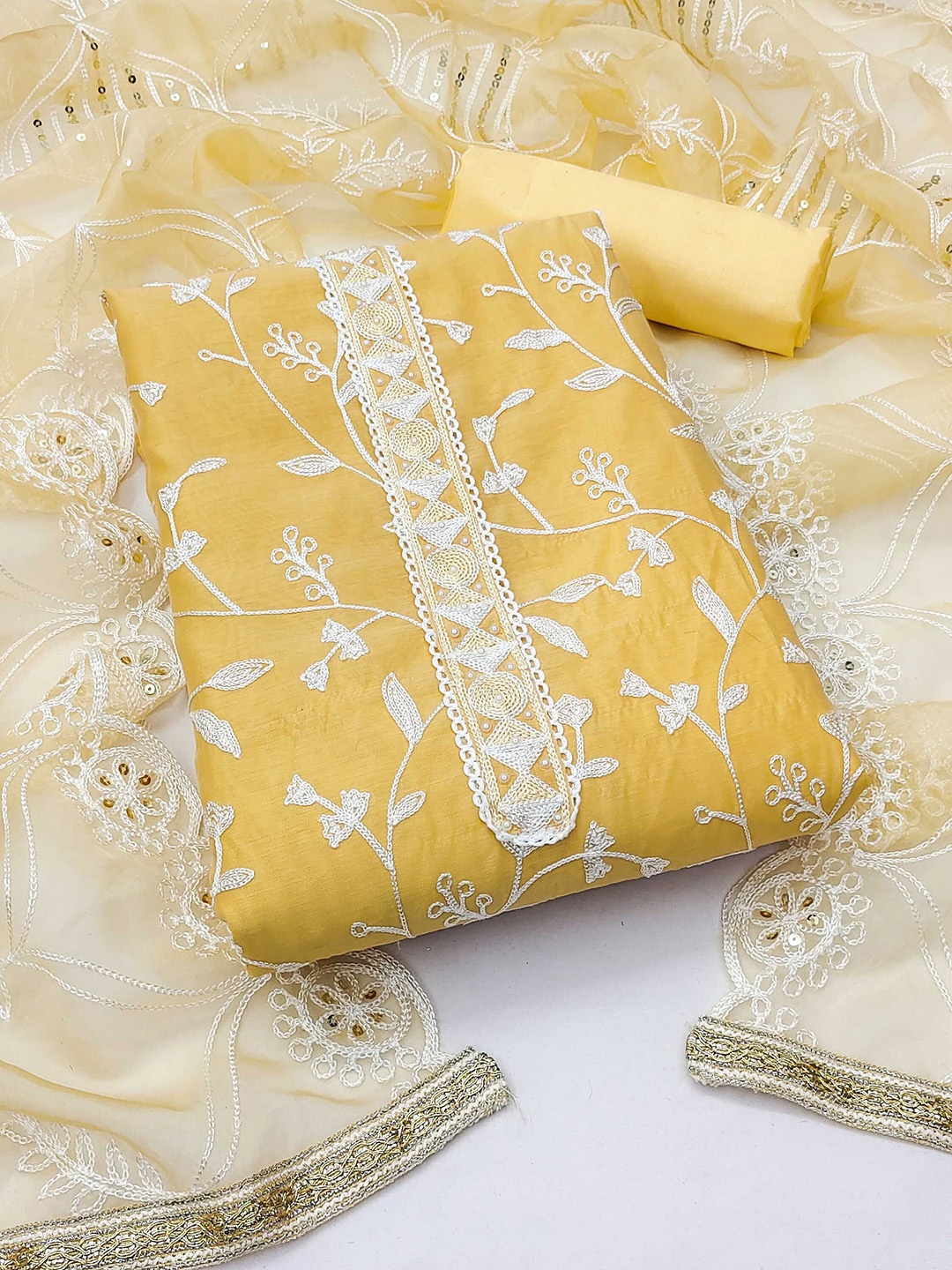 

Ishin Floral Embroidered Pure Silk Unstitched Dress Material, Yellow