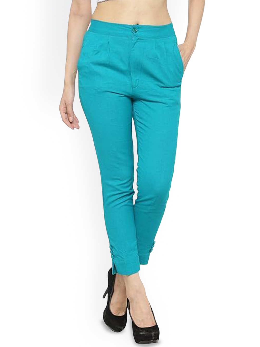 

Indibelle Women Slim Fit Pleated Peg Trousers, Teal