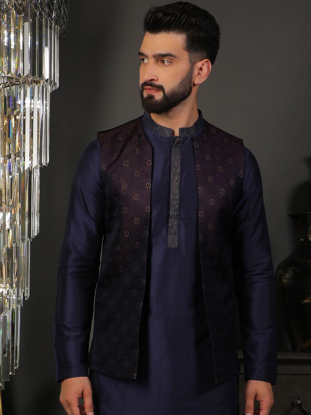 

DEYANN Men Printed Mandarin Collar Nehru Jacket, Brown