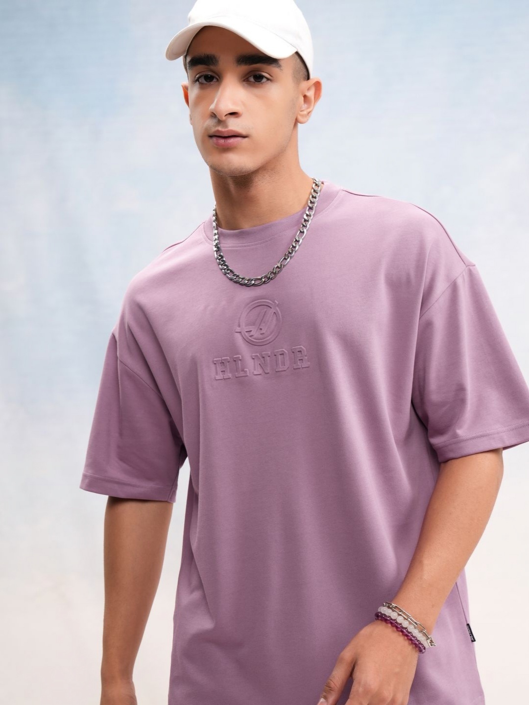 

HIGHLANDER Men Brand Logo Printed Round Neck Cotton Oversized T-shirt, Mauve
