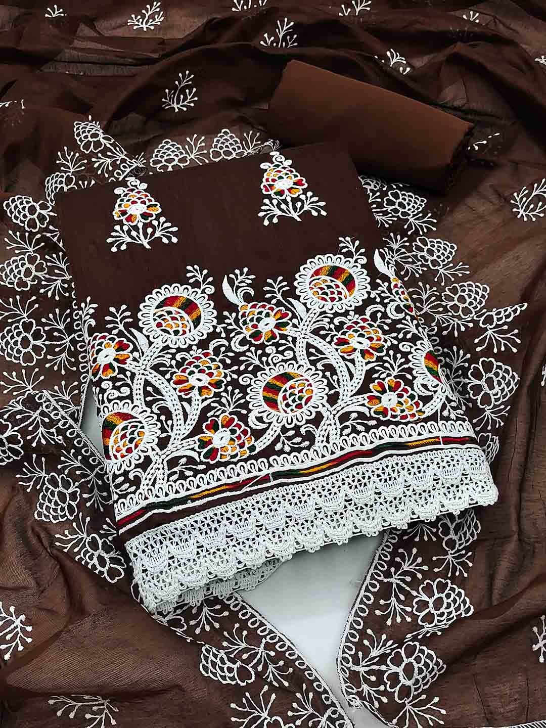

Ishin Floral Embroidered Unstitched Dress Material, Brown