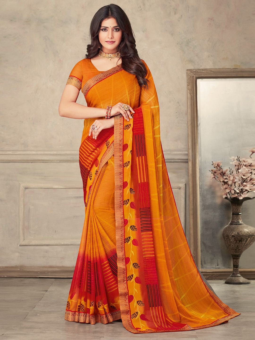 

KALINI Abstract Printed Saree With Zari Border, Mustard