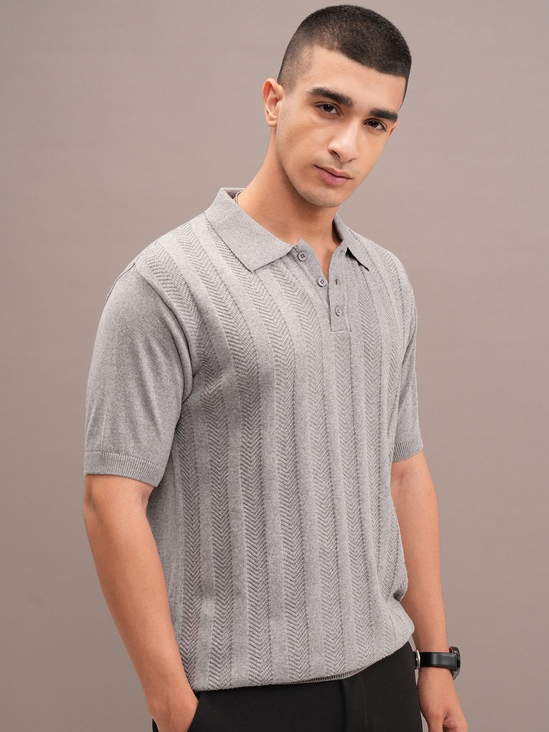

HIGHLANDER Men Self Design Polo Collar Cotton Relaxed Fit T-shirt, Grey