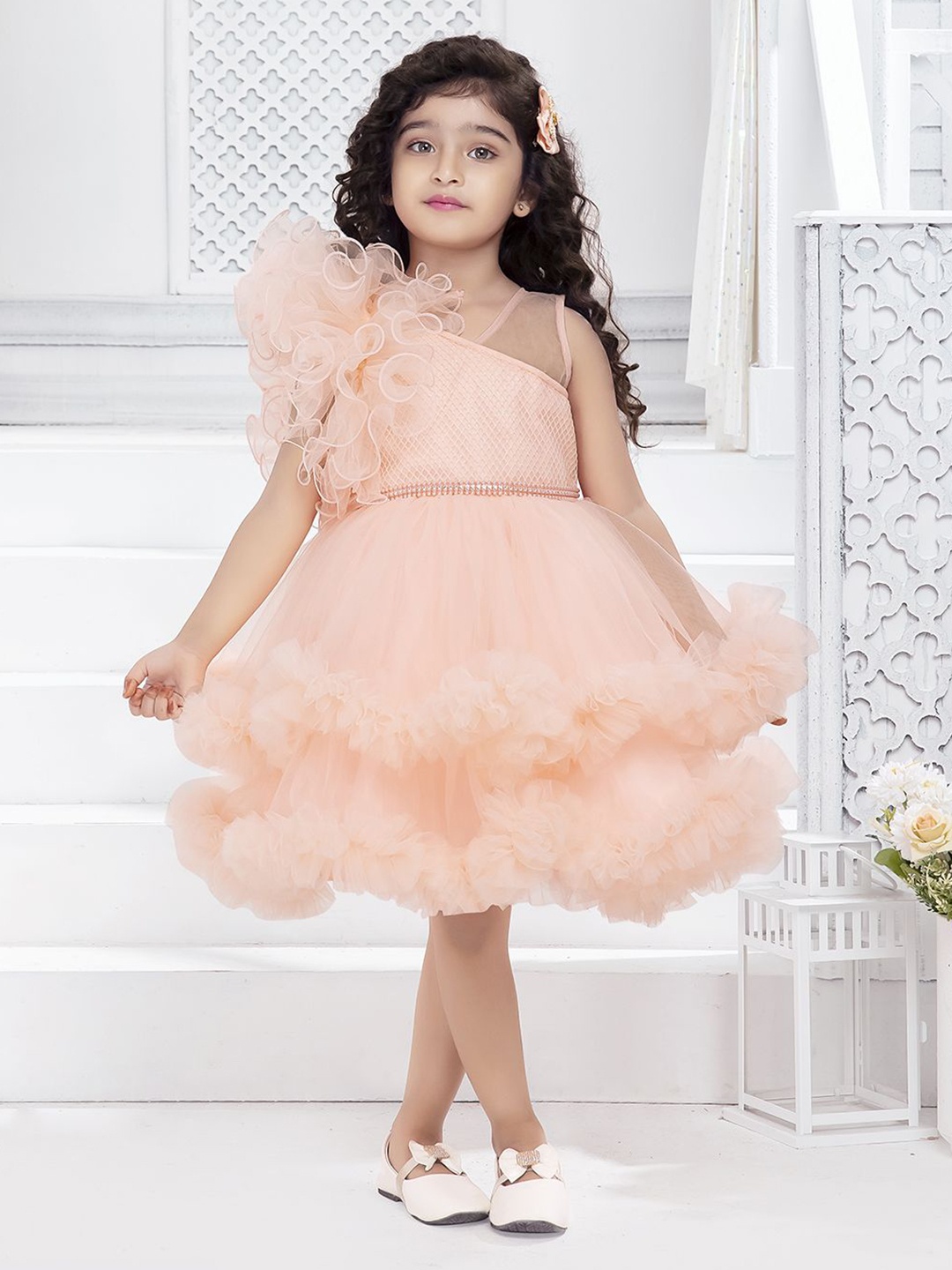 

Ministitch Girls Flutter Sleeve Net Fit & Flare Dress, Peach