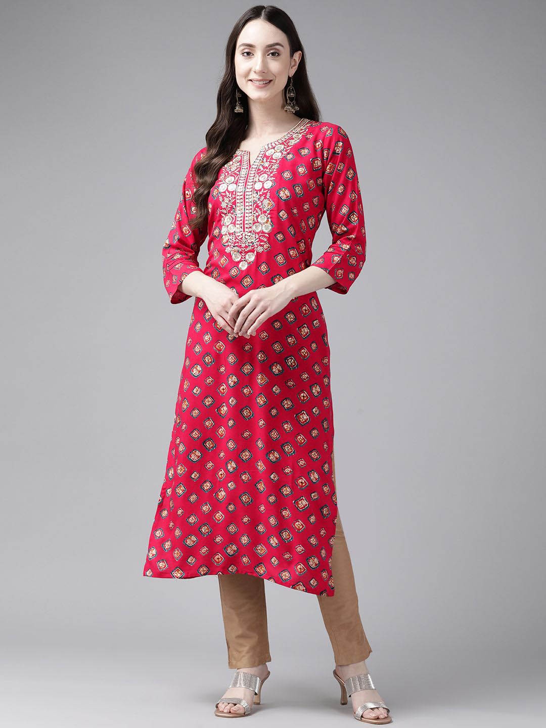 

BAESD Ethnic Motifs Printed Notch Neck Thread Work Straight Kurta, Pink