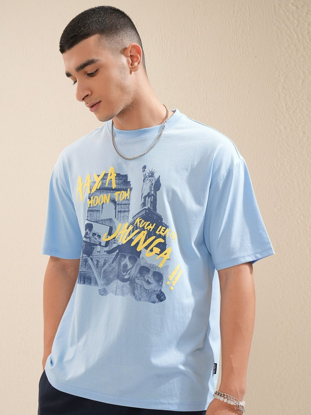 

HIGHLANDER Men Graphic Printed Round Neck Cotton Oversized T-Shirt, Blue