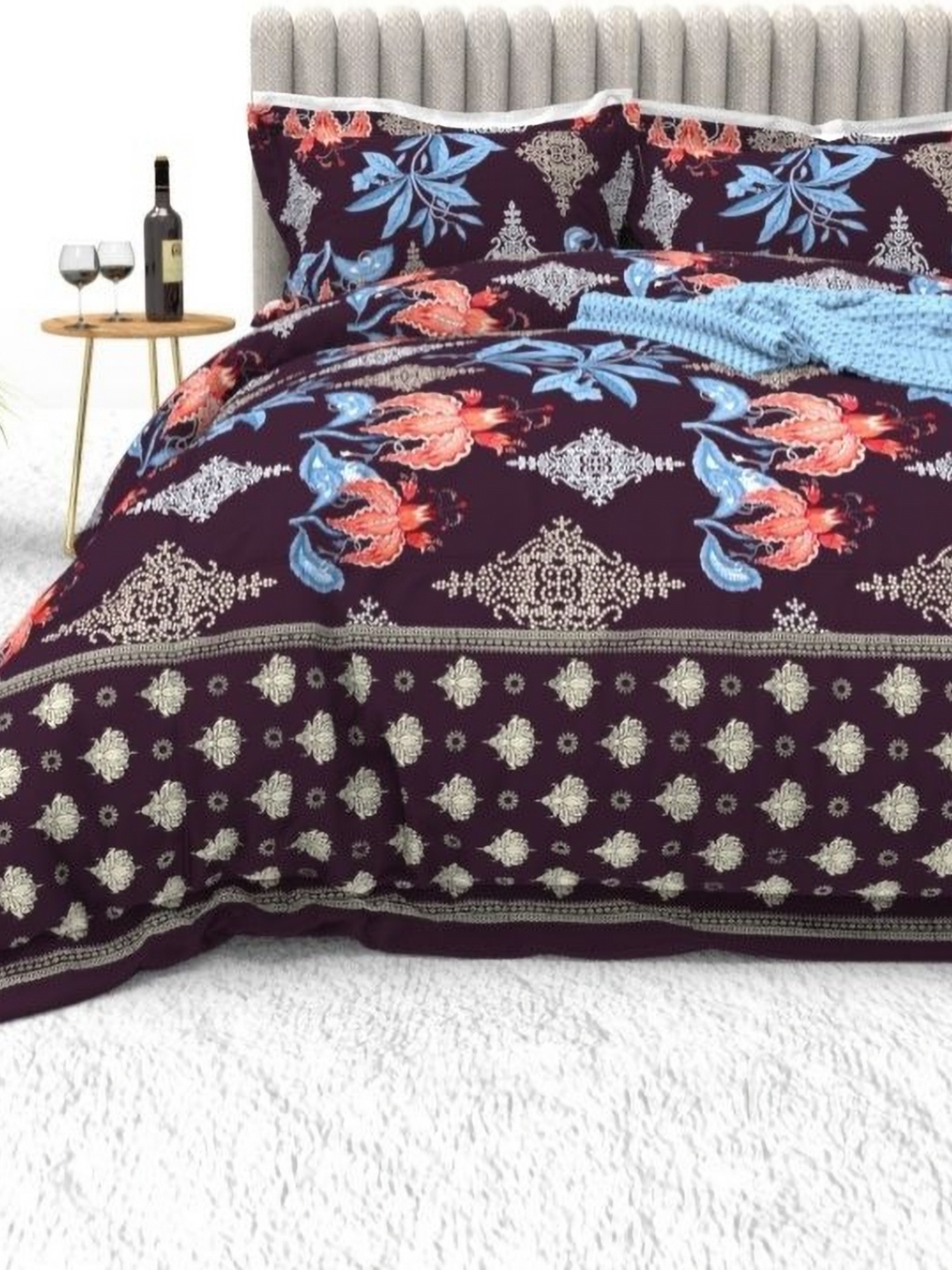 

THE WHITE MOSS Maroon & Blue 220 TC King Bedsheet with 2 Pillow Covers