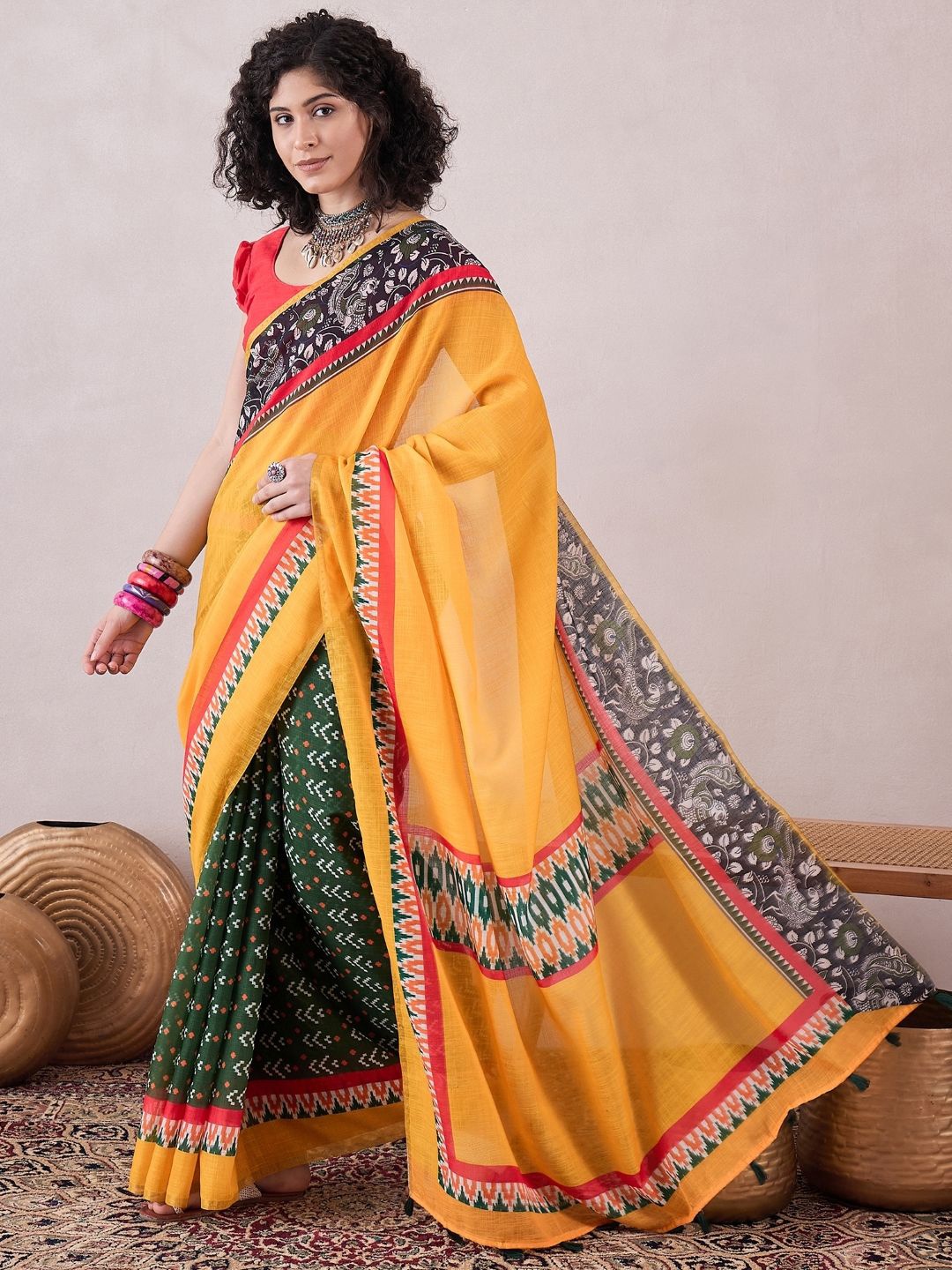 

KALINI Ethnic Motifs Ikat Printed Saree, Yellow