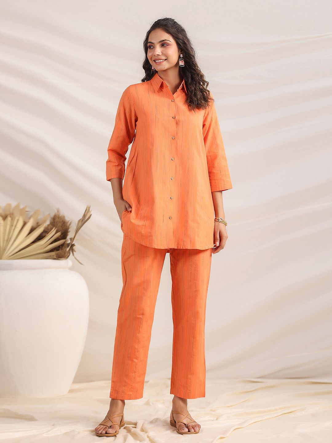 

Janasya Striped Shirt Collar Pure Cotton Tunic With Trousers, Orange
