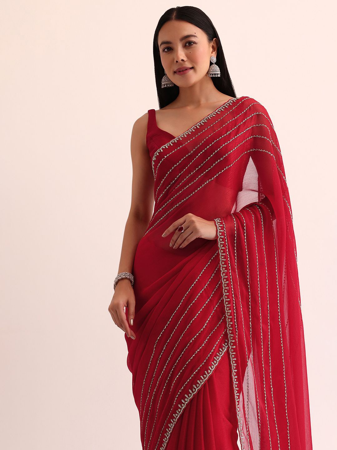 

KALKI Fashion Embellished Beads and Stones Silk Blend Saree, Red