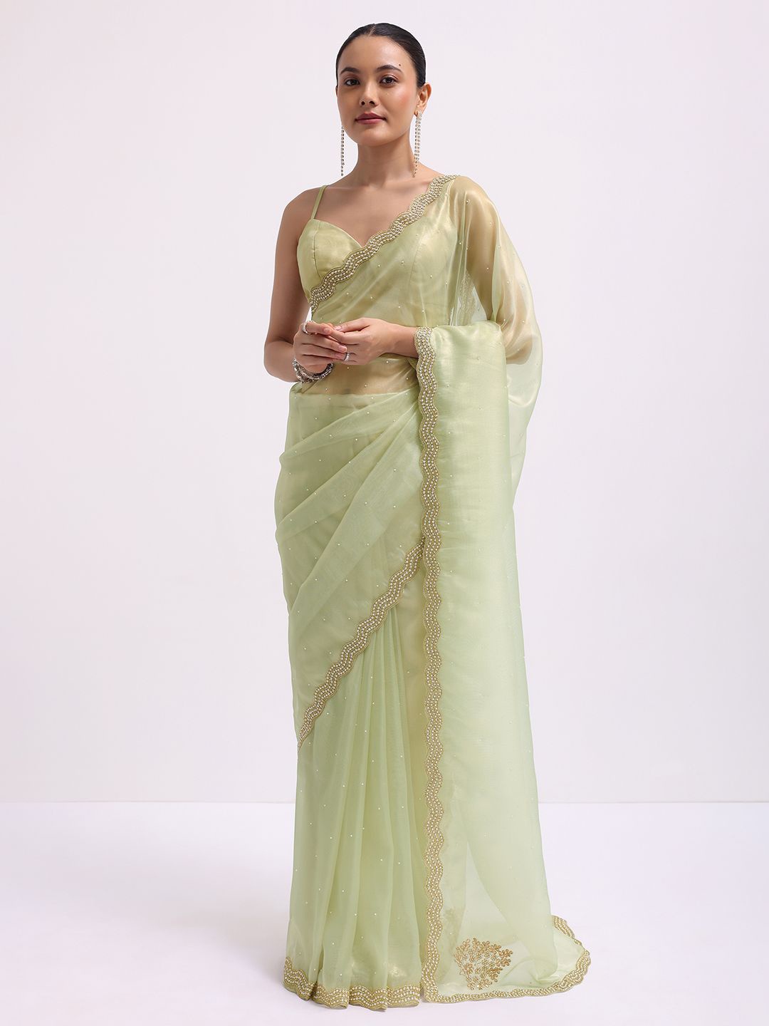 

KALKI Fashion Embellished Beads and Stones Tissue Saree, Green