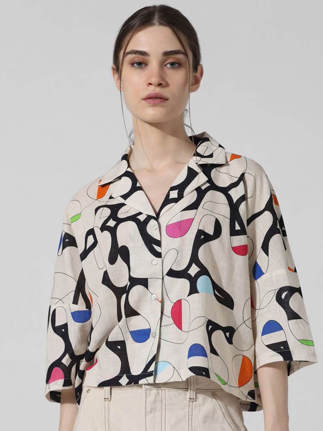 

Sitanjali Women Abstract Printed Lapel Collar Cotton Top, Cream