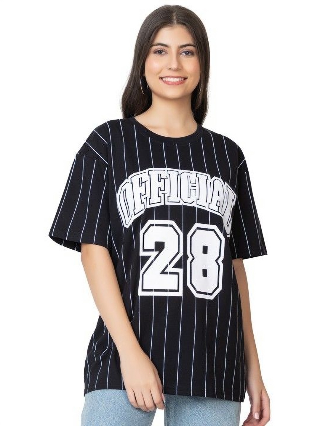 

Skidlers Women Striped Round Neck Cotton Oversized T-Shirt, Black