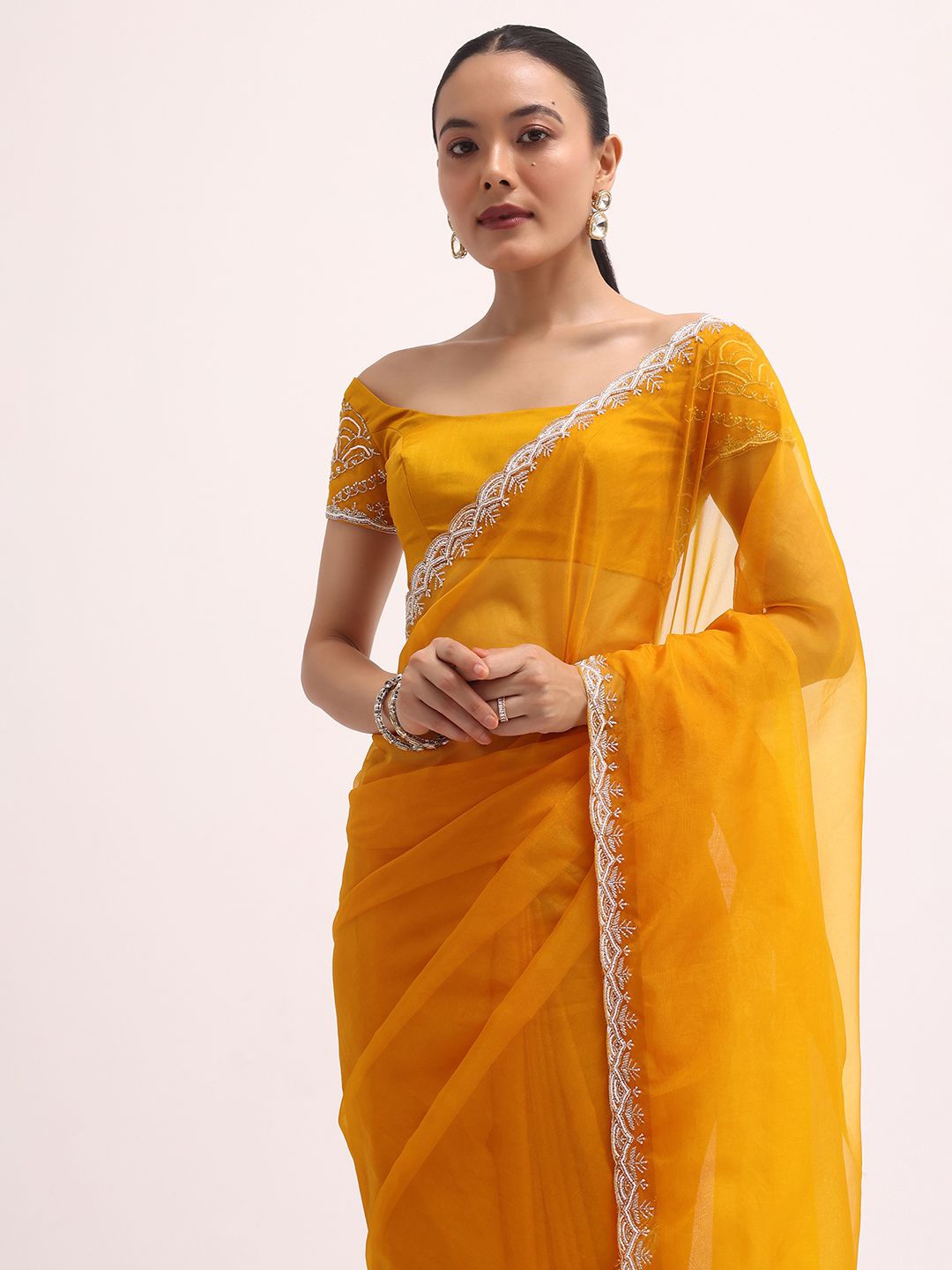 

KALKI Fashion Embellished Beads and Stones Organza Saree, Orange