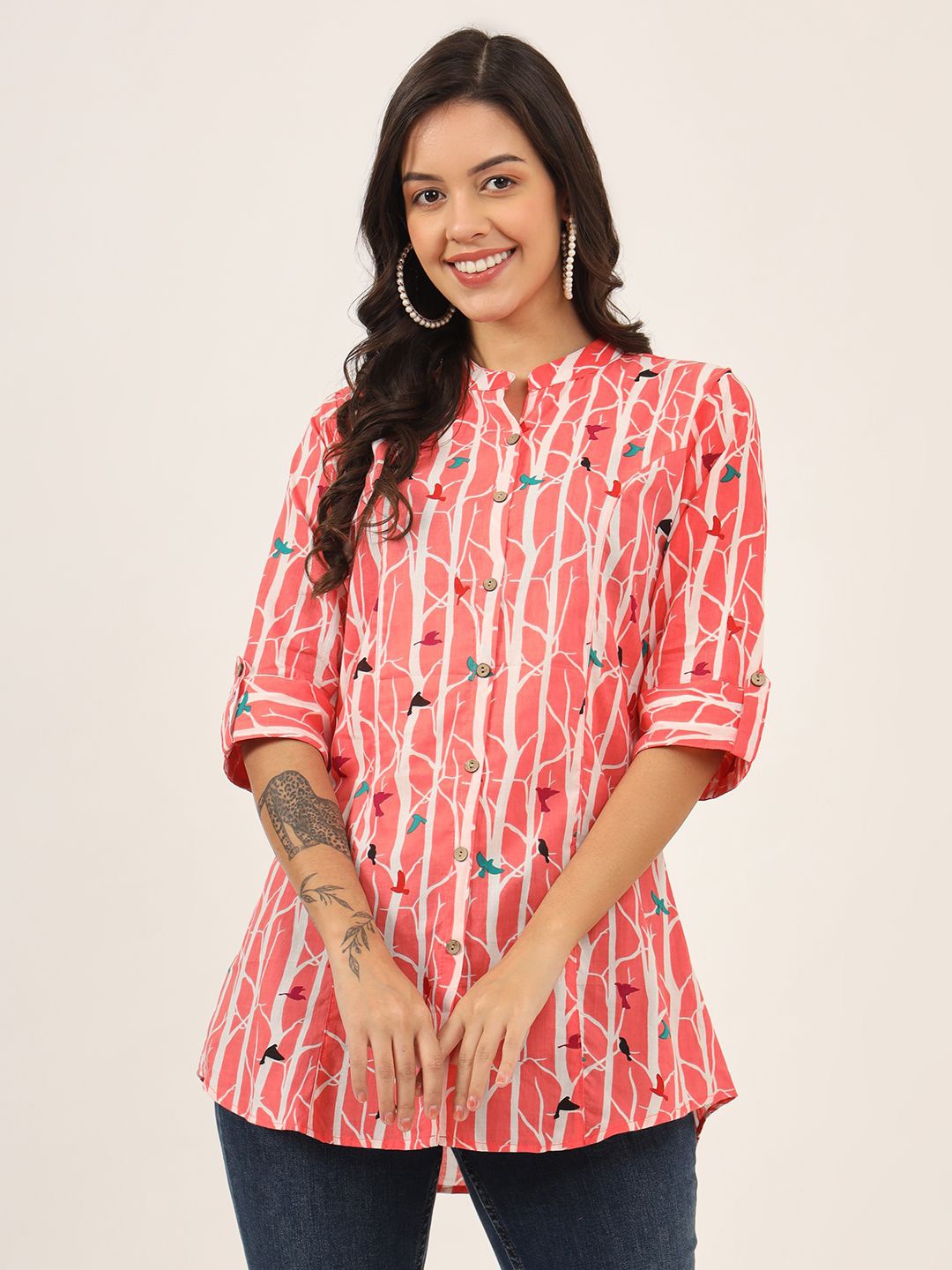 

KALINI Women Abstract Printed Mandarin Collar Cotton Top, Pink