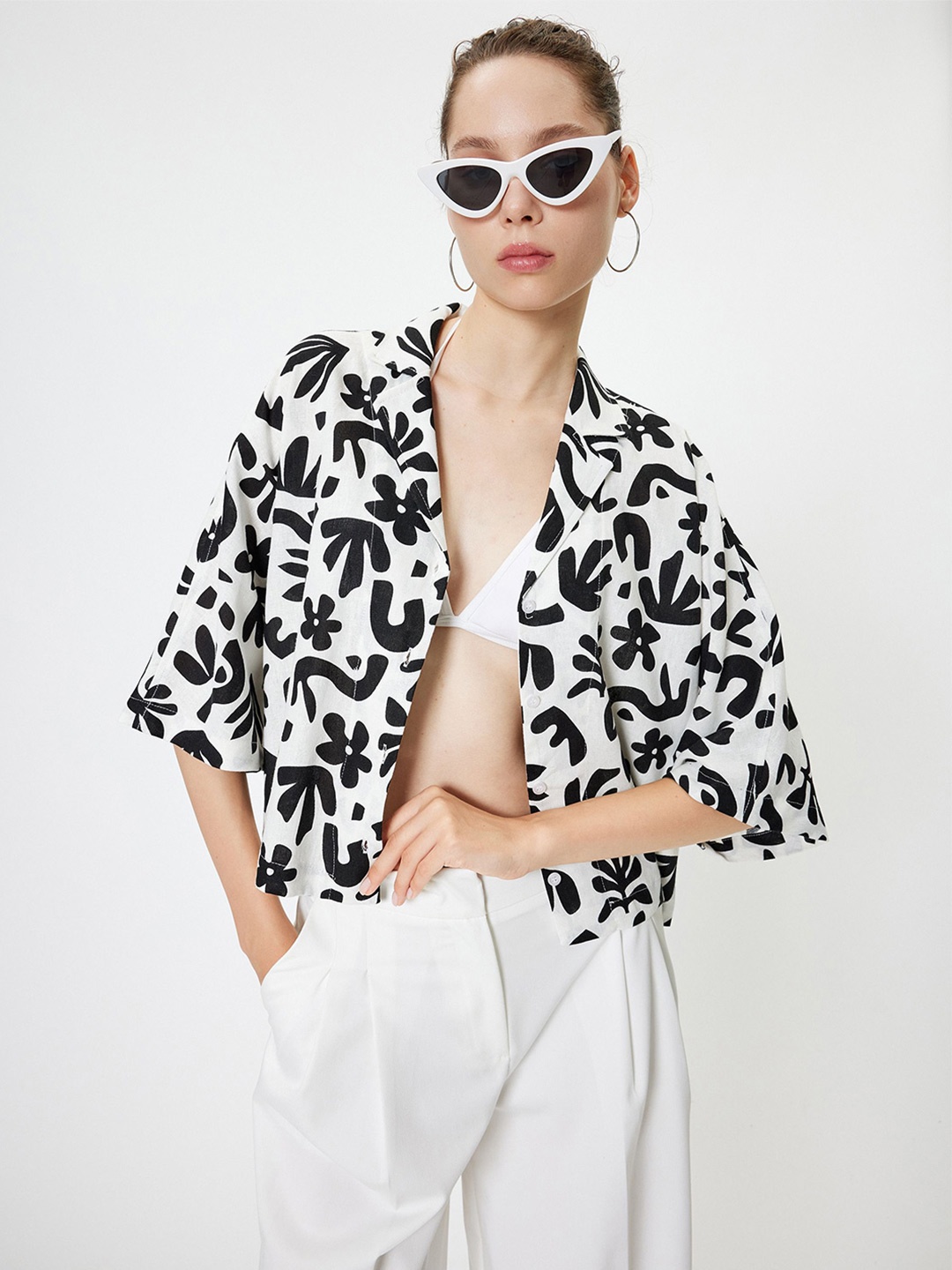 

Koton Women Cuban Collar Conversational Printed Linen Casual Shirt, White