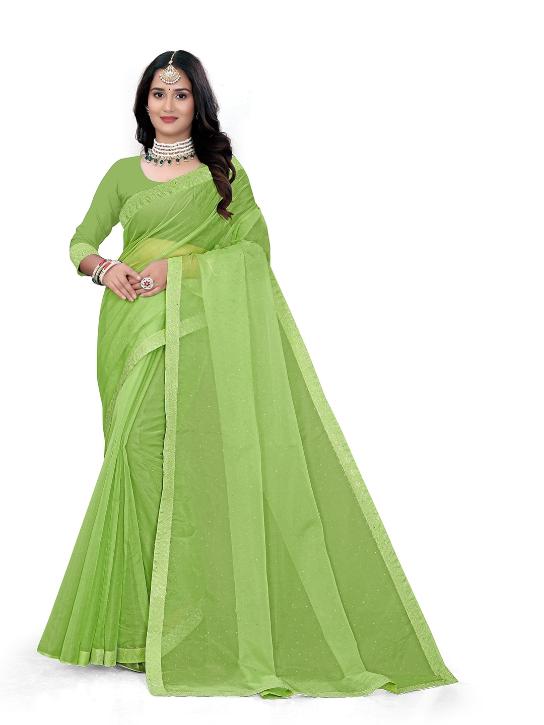 

Pemal Designer Embellished Beads and Stones Organza Saree, Green