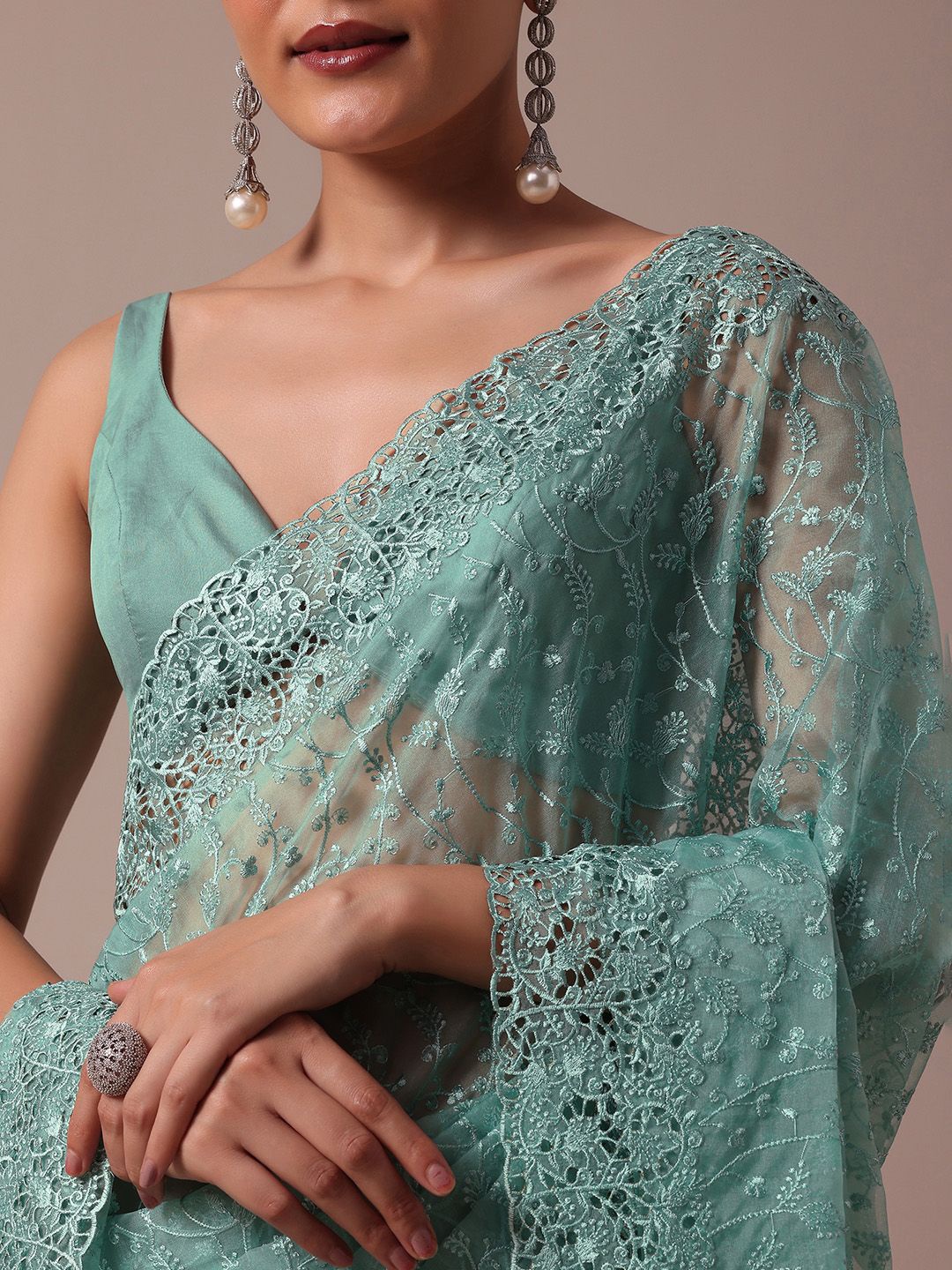 

KALKI Fashion Embroidered Floral Organza Saree, Green