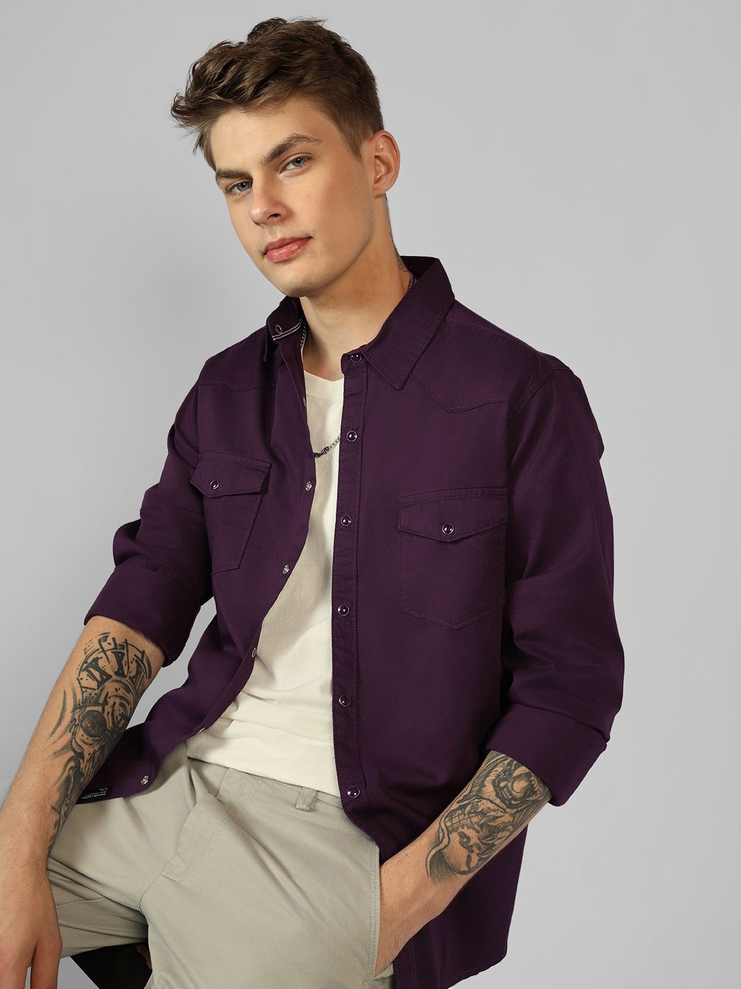 

Dennis Lingo Men Spread Collar Solid Cotton Casual Shirt, Purple