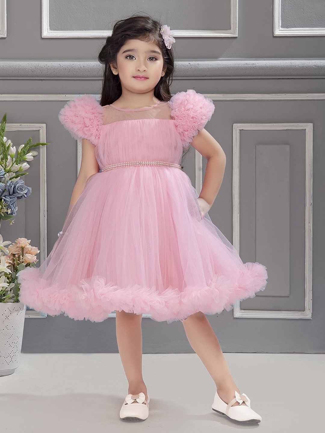 

Ministitch Flutter Sleeve Net Fit & Flare Dress, Pink