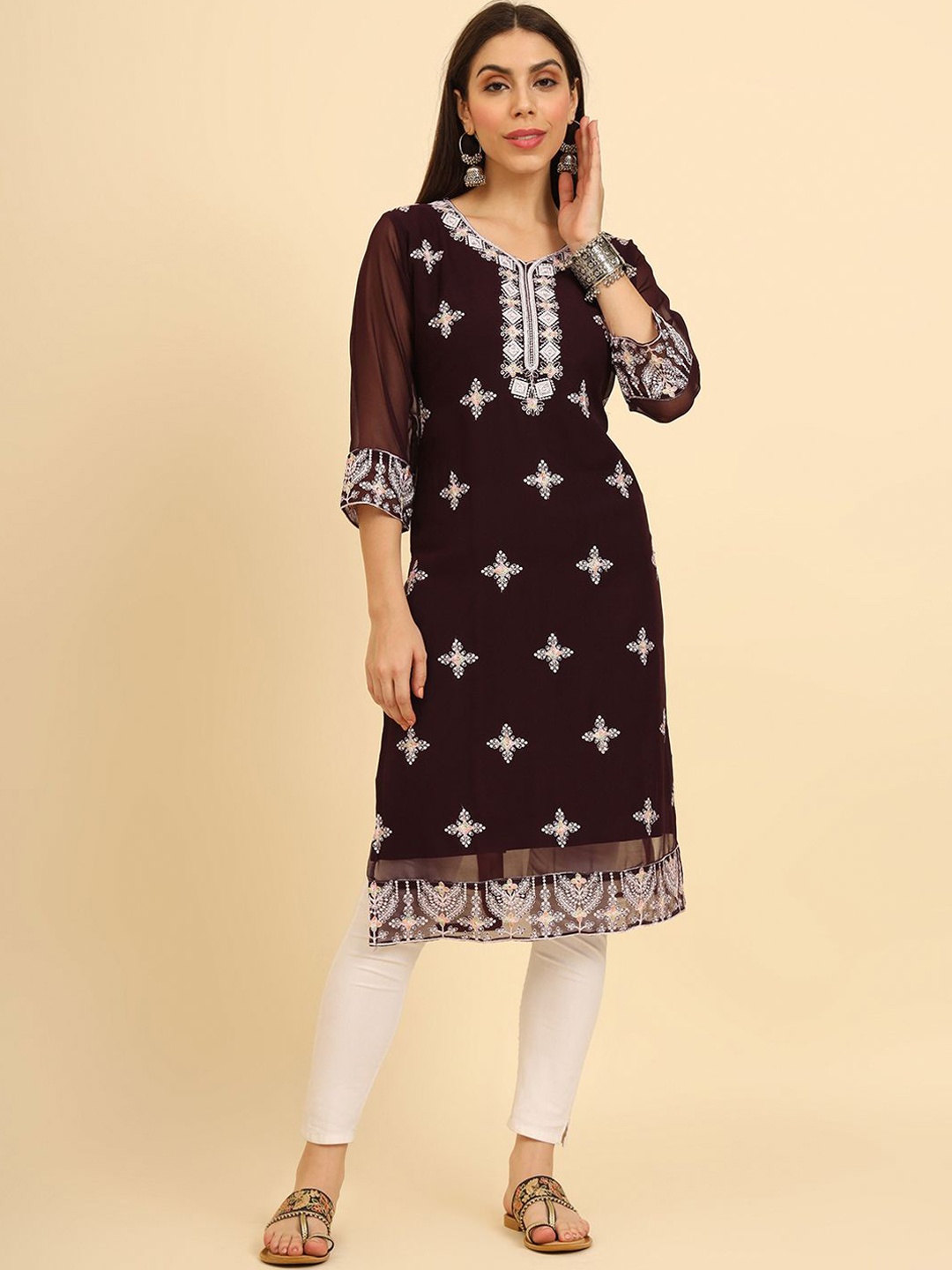 

VAIRAGEE Women Geometric Embroidered Flared Sleeves Thread Work Georgette Anarkali Kurta, Brown