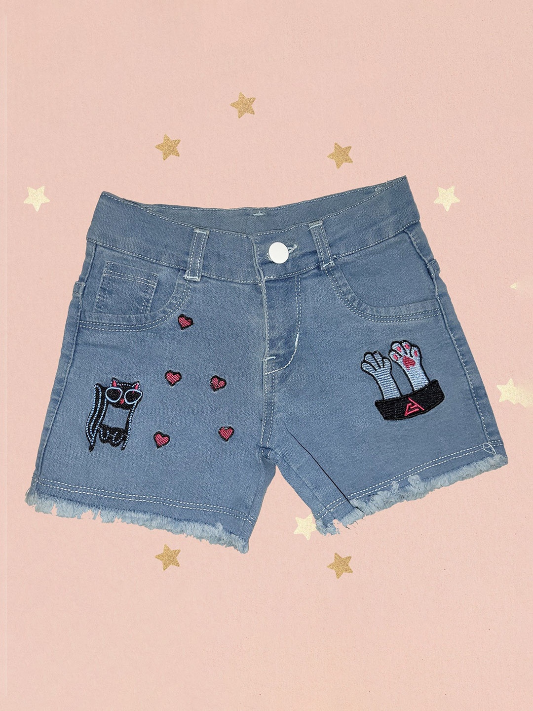 

Arshia Fashions Girls Printed Slim Fit High-Rise Denim Denim Shorts, Blue