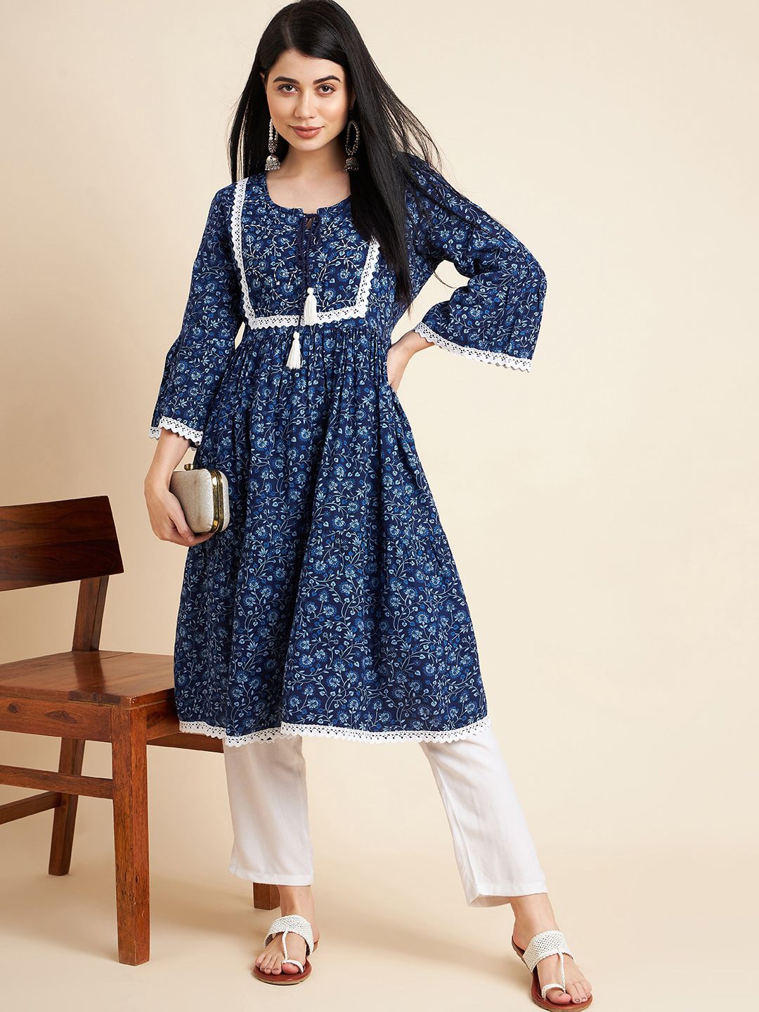 

Anouk Women Yoke Design Flared Sleeves Mirror Work Anarkali Kurta, Blue