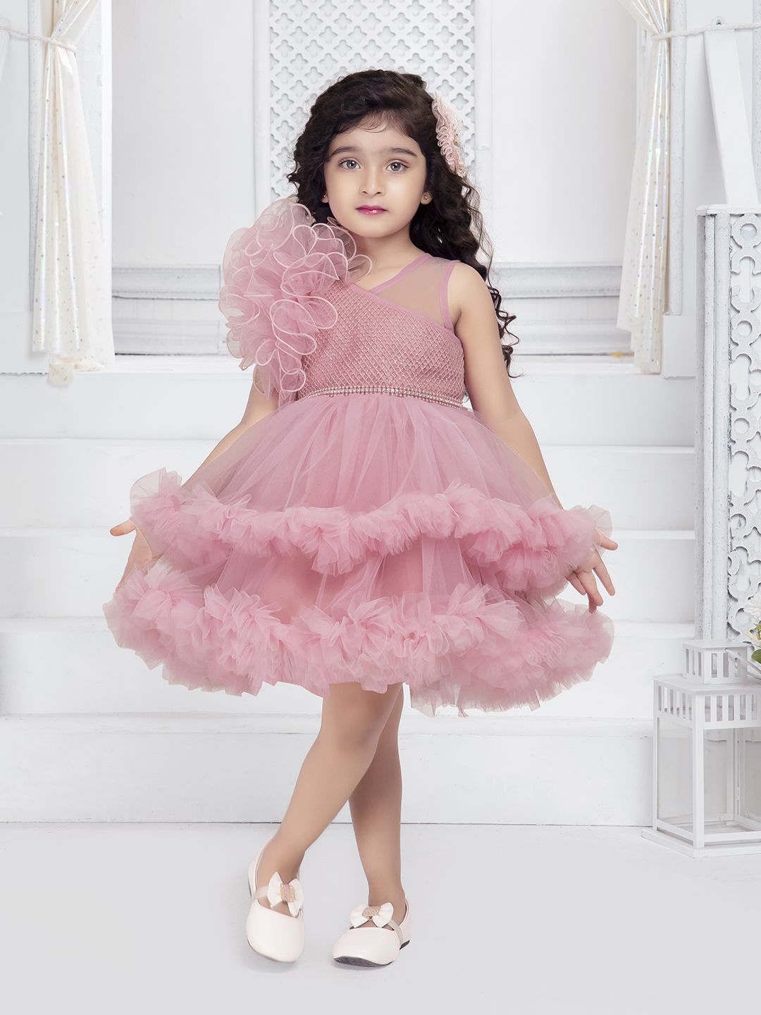 

Ministitch Girls Net double layer frilled Fit & Flare Dress, Pink
