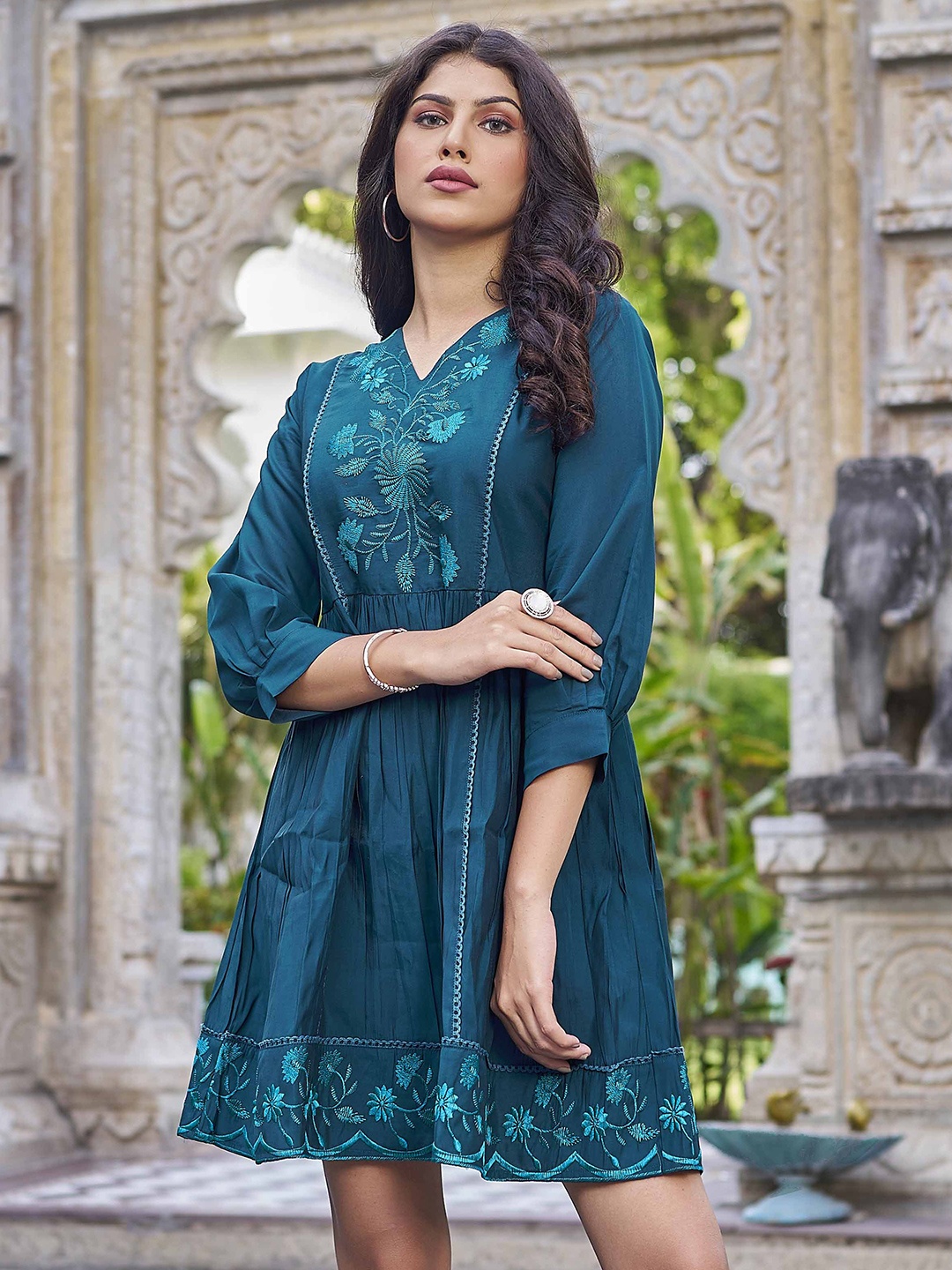 

Puretouch Embroidered Cuffed Sleeve A-Line Dress, Blue