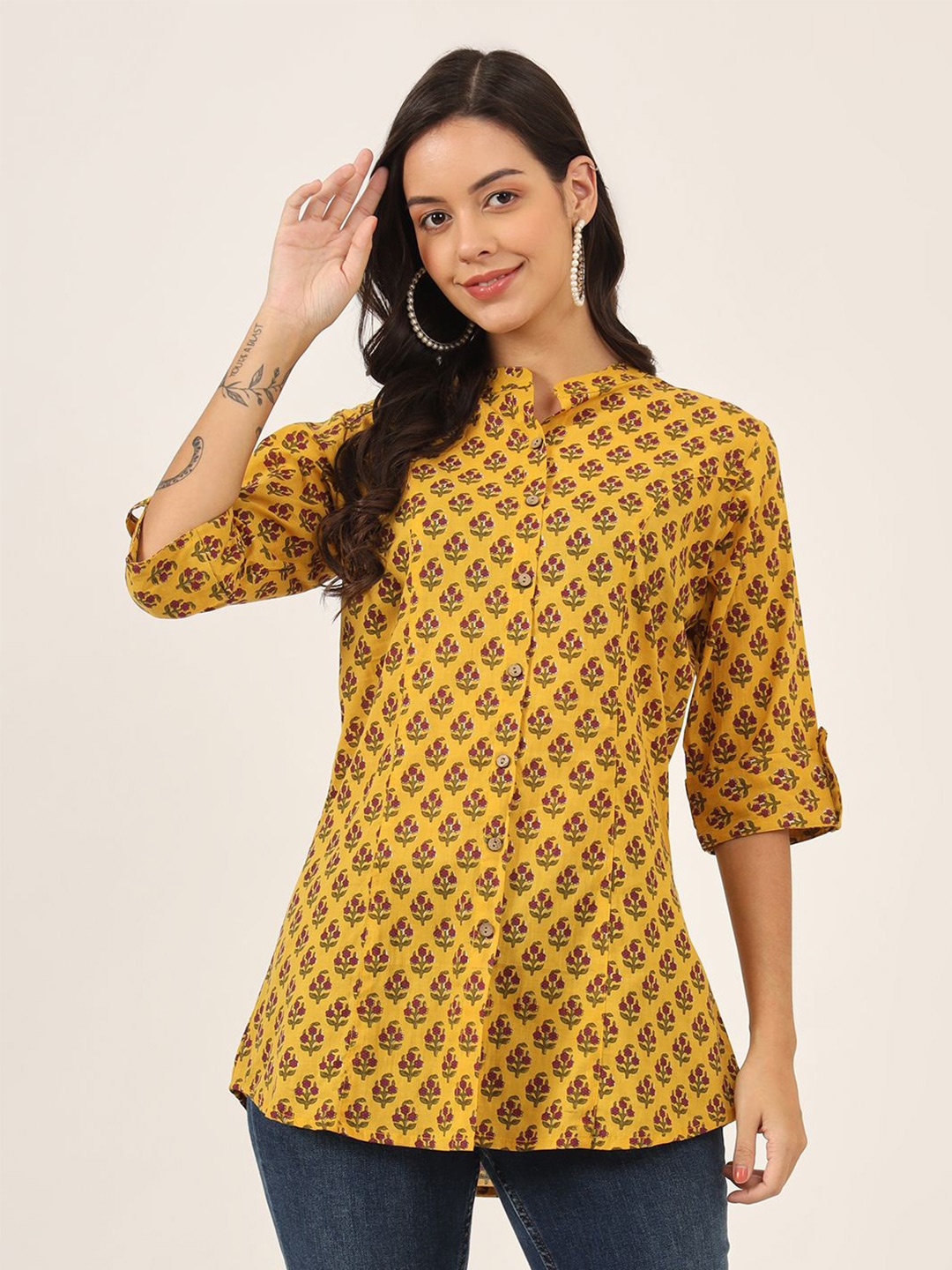 

KALINI Women Floral Printed Mandarin Collar Cotton Top, Mustard