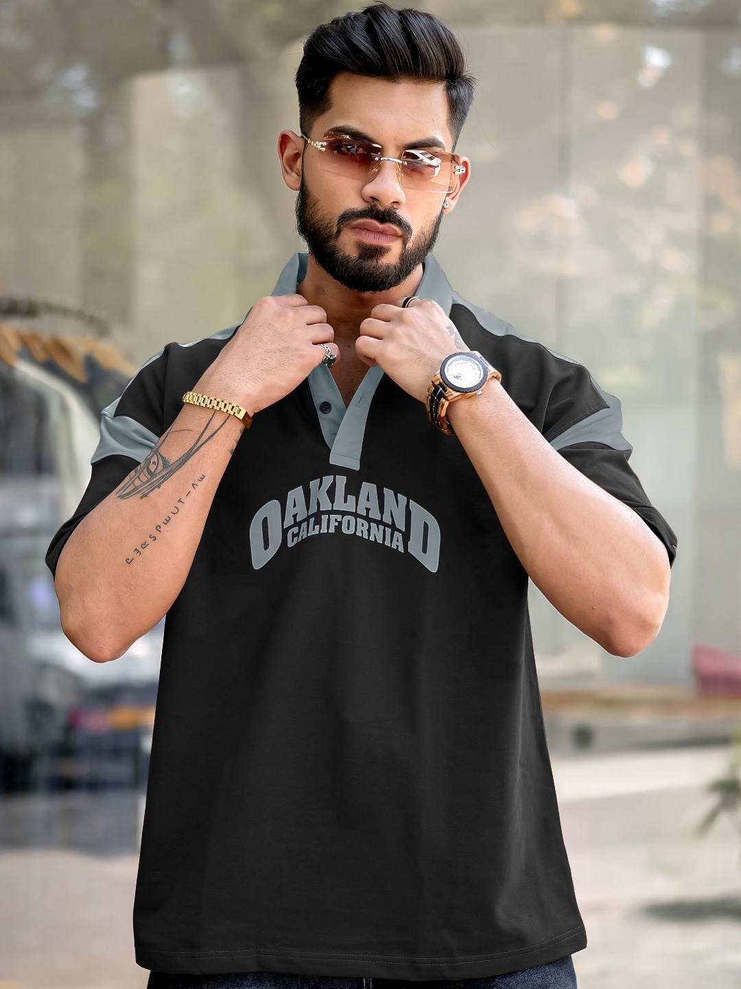 

Maniac Men Typography Printed Polo Collar Cotton Oversized T-Shirt, Black